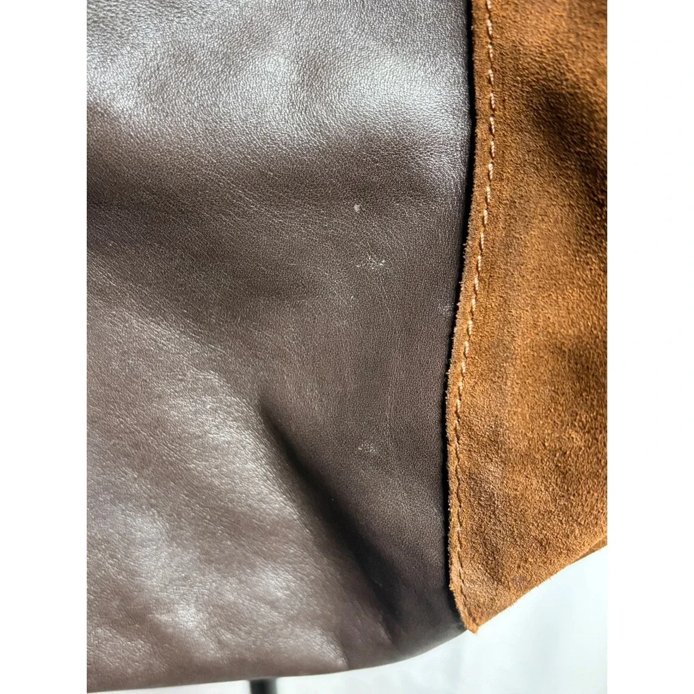 Brown Suede & Leather Tote Shoulder Bag Slouchy‎ Boho Two-Tone Snap STAINED